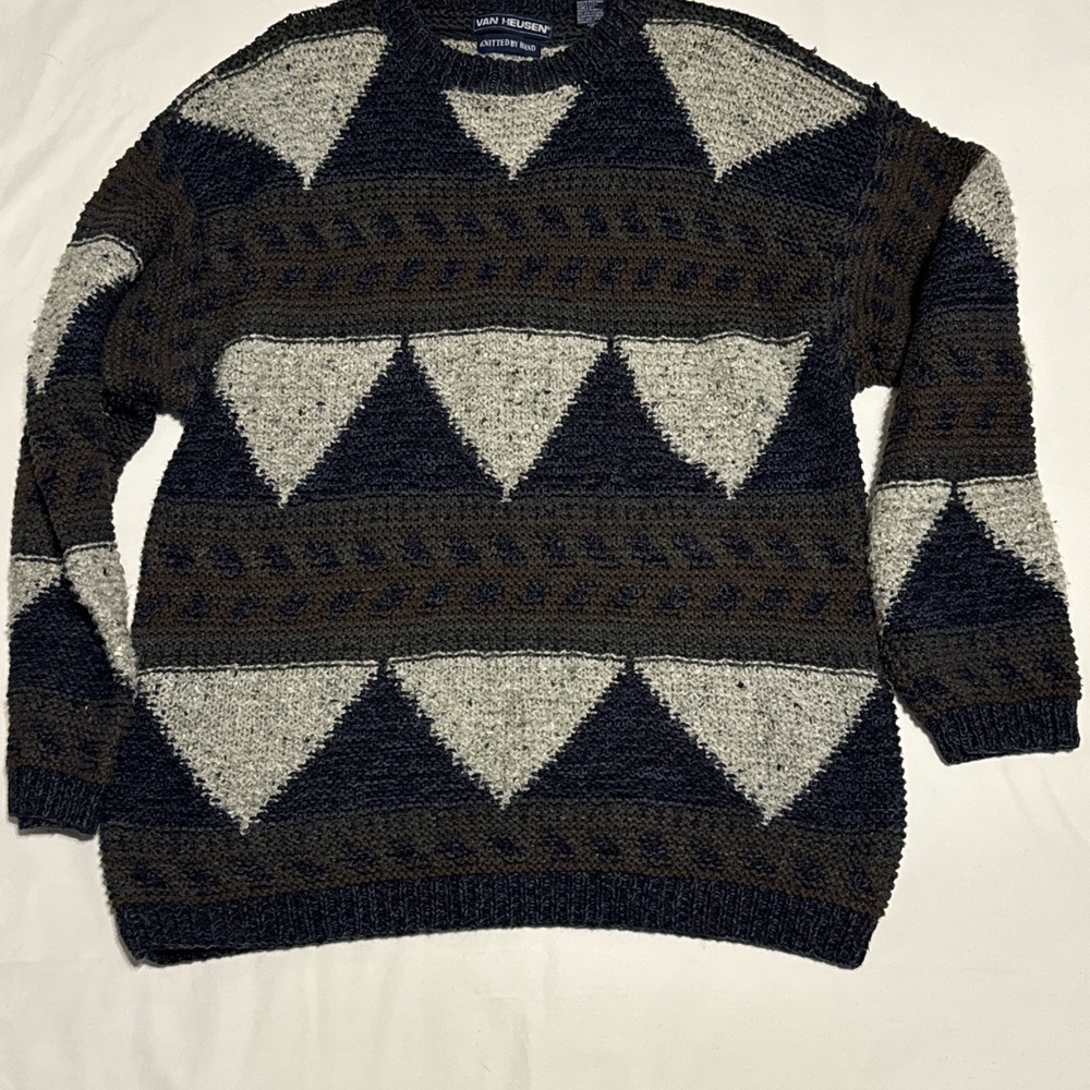 Vintage Van Heusen Sweater XL Blue Gray Geo Handknit Pullover 90s y2k Grandpa
